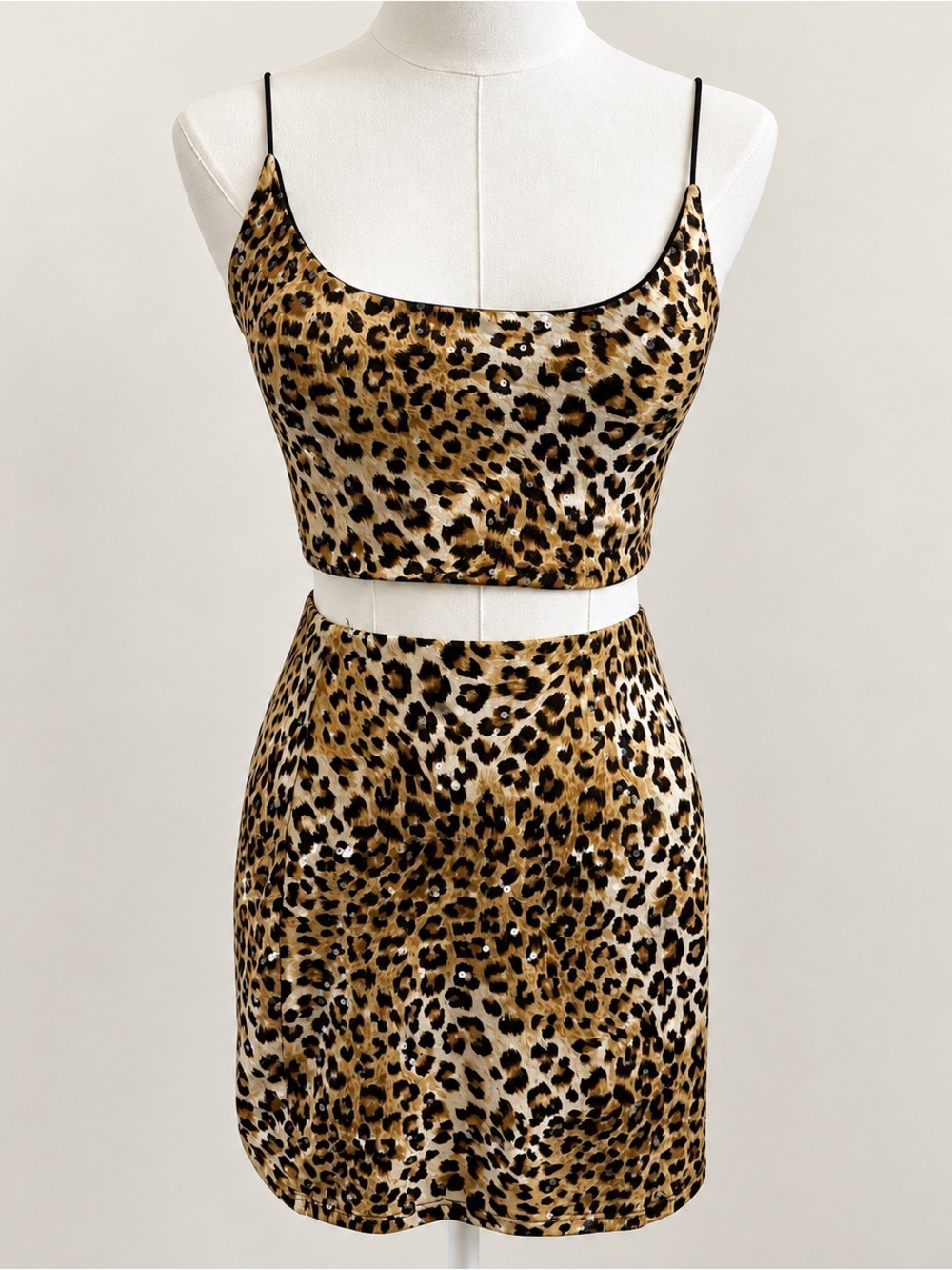 Windsor Leopard Sequin 2 Piece Crop Top Mini Skirt Set S